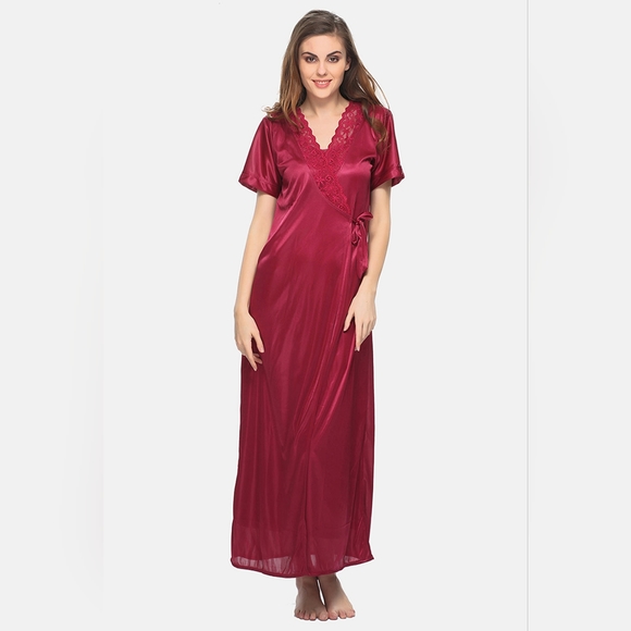 Asti: 4-Piece Red Satin Nightwear Set - Picture 2 of 4